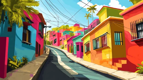 Sunlit hillside street wrapped in playful tropical color.