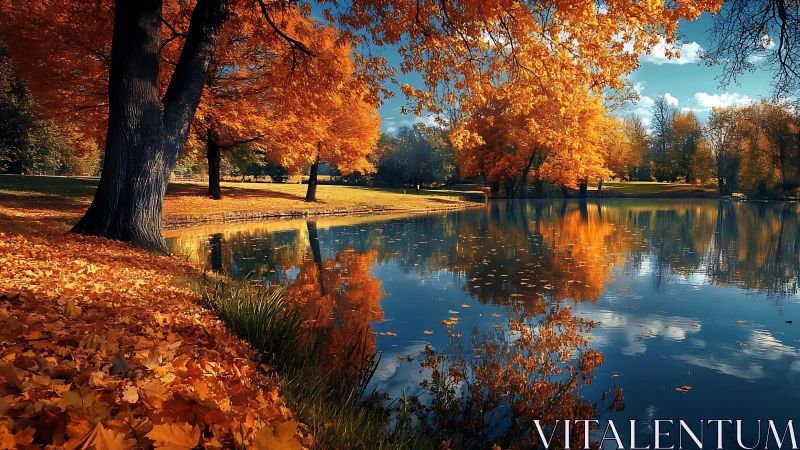 Autumn lake whispers under blazing maple crowns at noon.