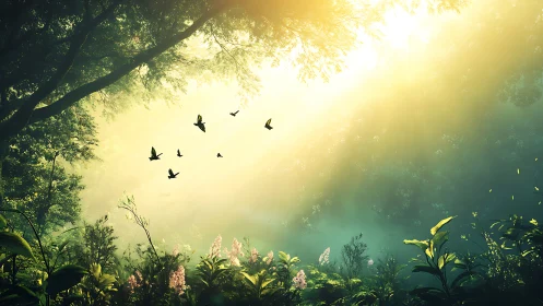 Volumetric sunrise rays penetrating dense floral forest canopy.