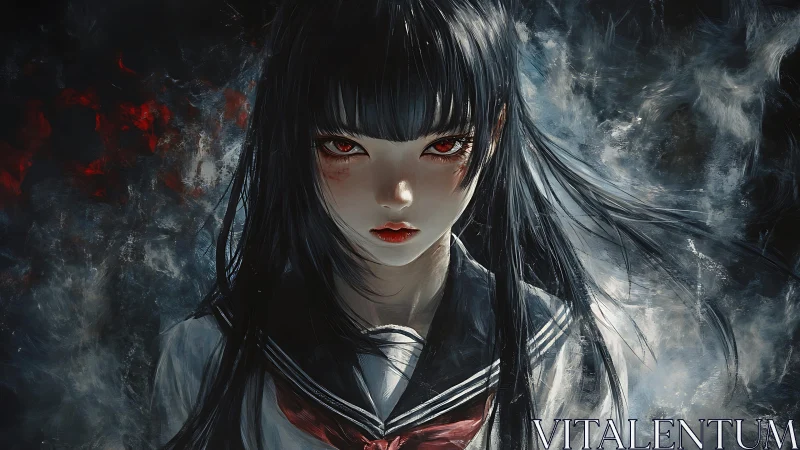 Storm-lit schoolgirl gazes forward with fierce quiet strength