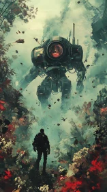 Lone explorer confronts colossal mech in misty overgrown ruin