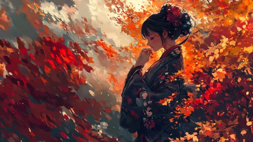 Autumnal kimono portrait amid high-chroma foliage field.