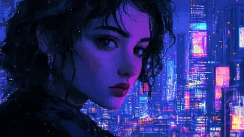Cyberpunk portrait with neon cityscape and glitch pixel layering.