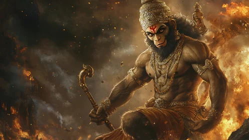 Fiery monkey warrior strides through swirling storm of gold.