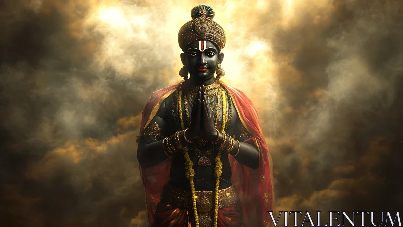 Divine black-skinned deity stands in radiant golden clouds.