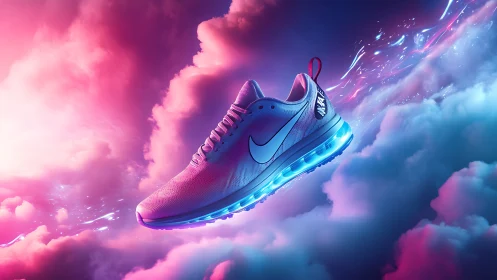 Neon skyrunner sneaker drifting through glowing dream clouds.