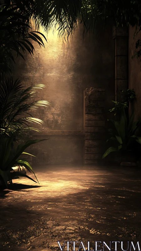 Golden light pours into a secluded ancient jungle courtyard