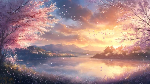 Sunset-illuminated sakura shoreline with atmospheric depth rendering.