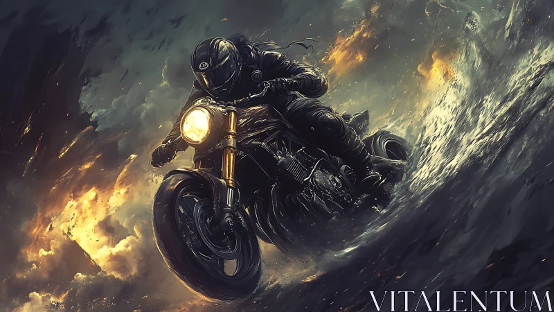 Midnight rider carving waves of fire and stormlight.