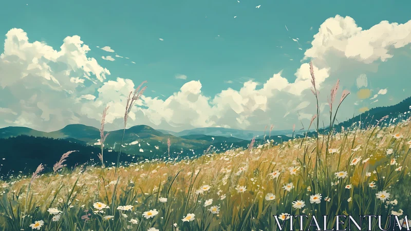 Sunlit wildflower meadow under distant rolling hills.