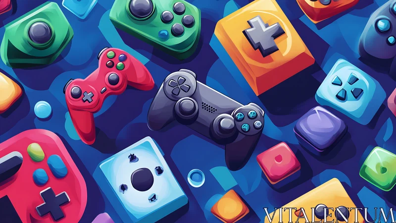 Vibrant gaming controllers float in a playful neon swirl