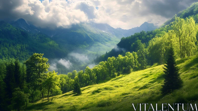 Sunlit alpine valley with steep forested slopes and low cloud layers