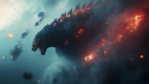 Colossal reptilian creature advances through smoke and fire