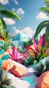 Playful pastel desert oasis glows under a gentle blue sky