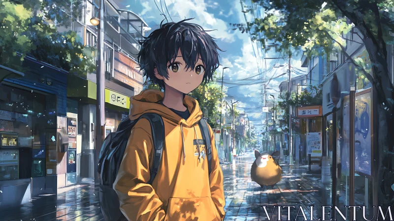 Boy in yellow hoodie walks through rainy anime city street.