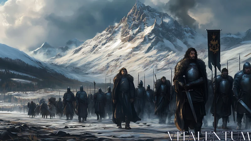 Winter-clad warriors carve a dark path below thunderous peaks