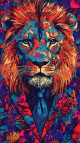 Neon jungle lion in a floral suit of midnight swagger.