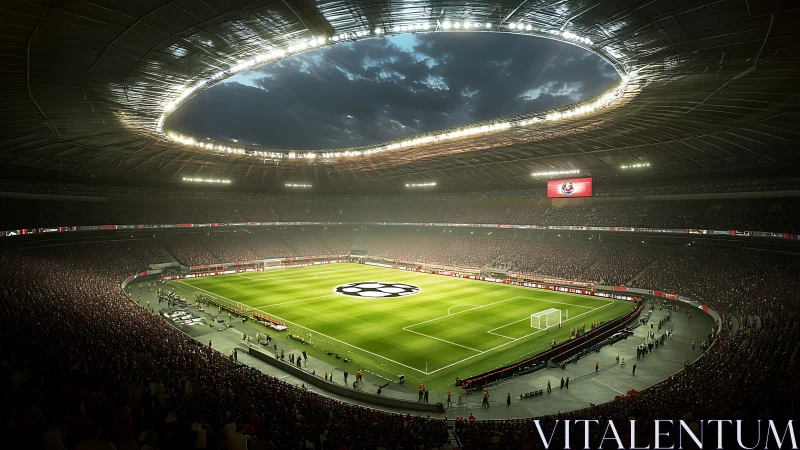 Glowing soccer stadium under dramatic evening sky.