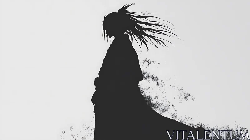 Solitary samurai silhouette stands amid drifting shadows