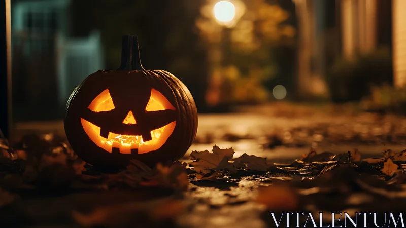 Lantern-grinned jack-o’-lantern guards a leaf-strewn sidewalk.