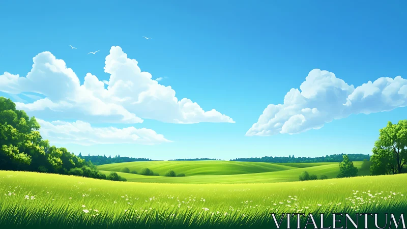 Wide-angle stylized countryside meadow under clear blue sky