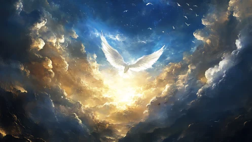 Luminous celestial dove ascending through volumetric storm clouds.