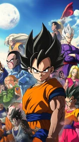 Anime warriors assembled in layered battle-ready portrait.