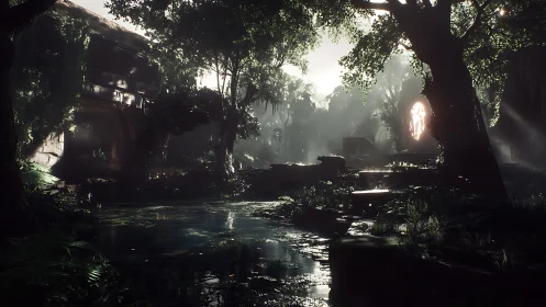 Mystical Temple Ruins Shrouded in Mist and Jungle