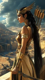 Desert queen archer surveys ancient golden canyon stronghold.