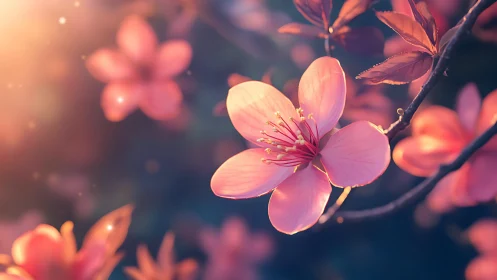 Pink Spring Blossoms with Golden Bokeh Light.