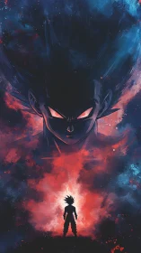 Saiyan warrior silhouette faces cosmic fiery titan gaze.