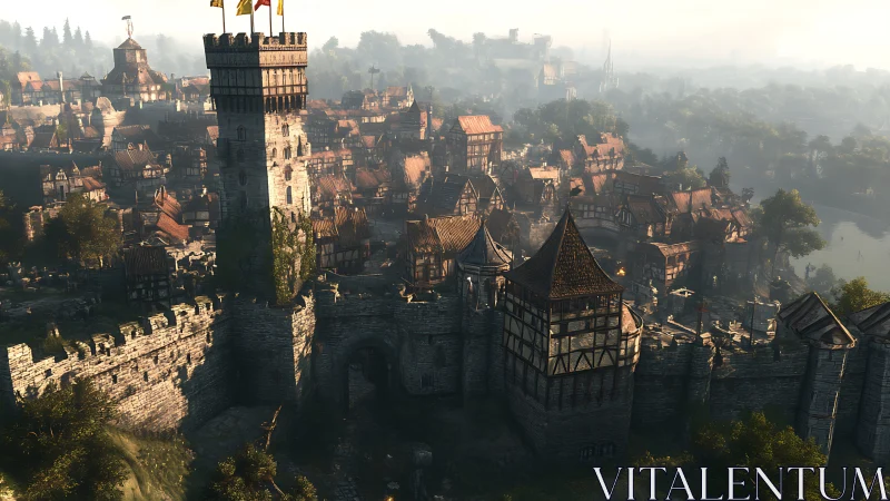 Medieval fortified town with stone walls and tall watchtower.