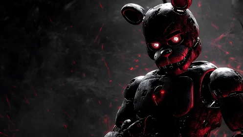 Sinister mech bear with glowing red heart in darkness.