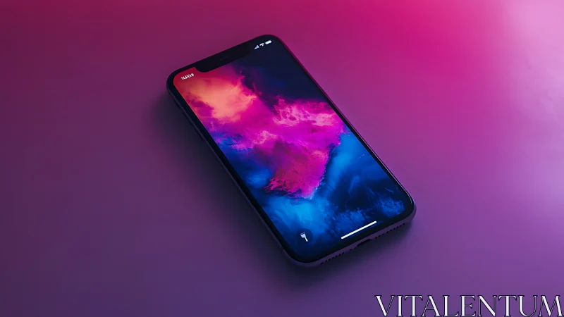 Glowing smartphone resting in dreamy neon gradient light.