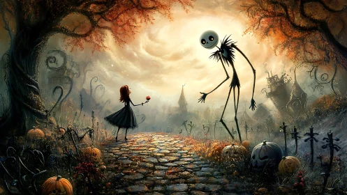 Spooky autumn path where a brave girl meets a gentle giant.
