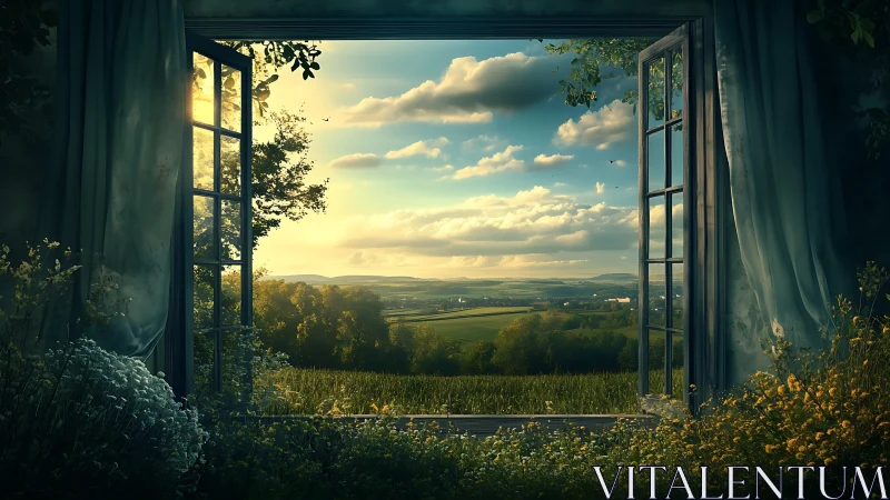 Sunlit countryside stretches beyond wide open window frame.