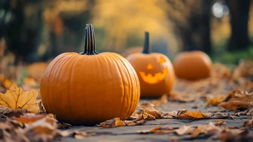 Golden pumpkins glow warmly along a cozy autumn path