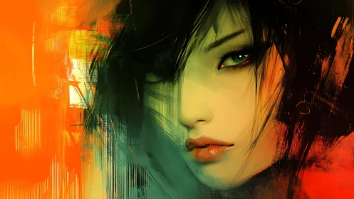 Mysterious painted gaze glowing in bold firelit colors.