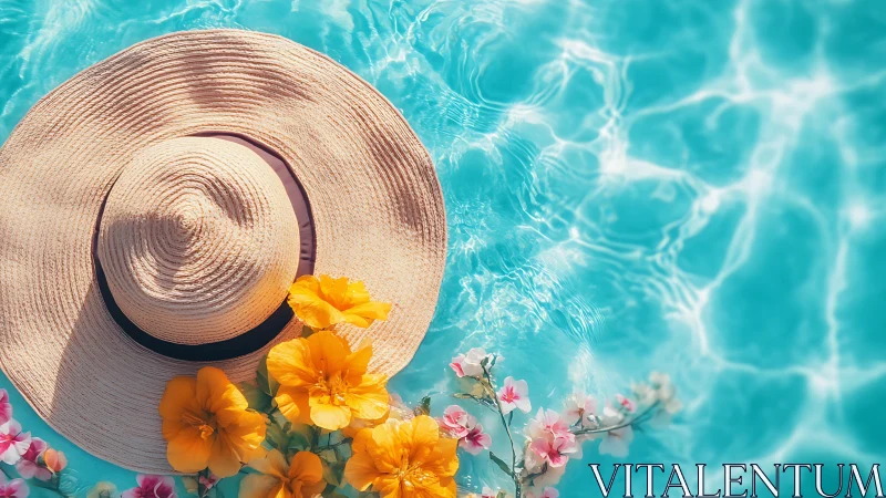 Straw sun hat and flowers float beside sunlit turquoise pool