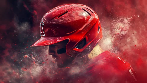 Side-profile baseball batter in red helmet amid kinetic smoke