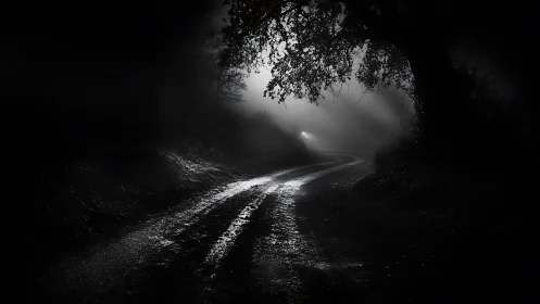Moonlit dirt road curls into mist beyond the shadowed trees.