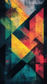 Geometric abstraction with grunge textures in teal and ember tones.