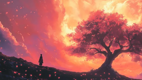 Lone wanderer beneath a blazing dawn-bloomed dreamtree.