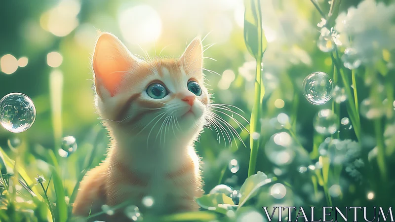 Ginger and White Kitten in Dewdrop Garden with Bokeh Backlighting