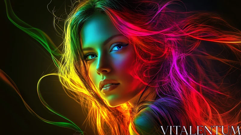 Digital portrait with multicolored luminous flowing hair.