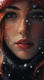 Close-up winter portrait of red-haired woman in snowfall.