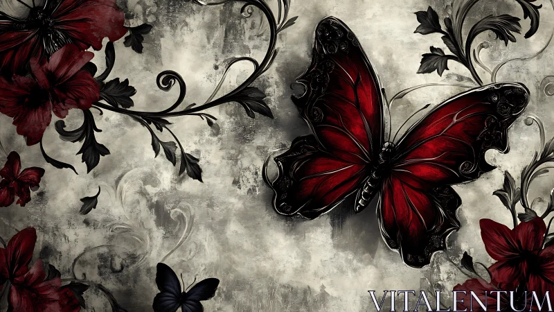 Red butterfly with floral elements on textured surface.