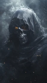 Hooded skeletal figure rendered in dark volumetric lighting