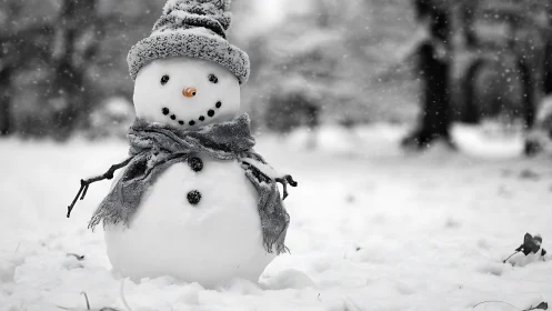 Cozy snowman in a quiet winter wonderland forest scene.