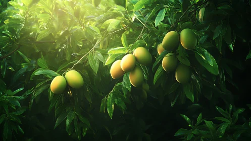 Sunlit mango boughs ripen in a lush emerald orchard glow.